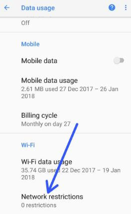 Netwerkbeperkingen onder instellingen voor gegevensgebruik in Oreo